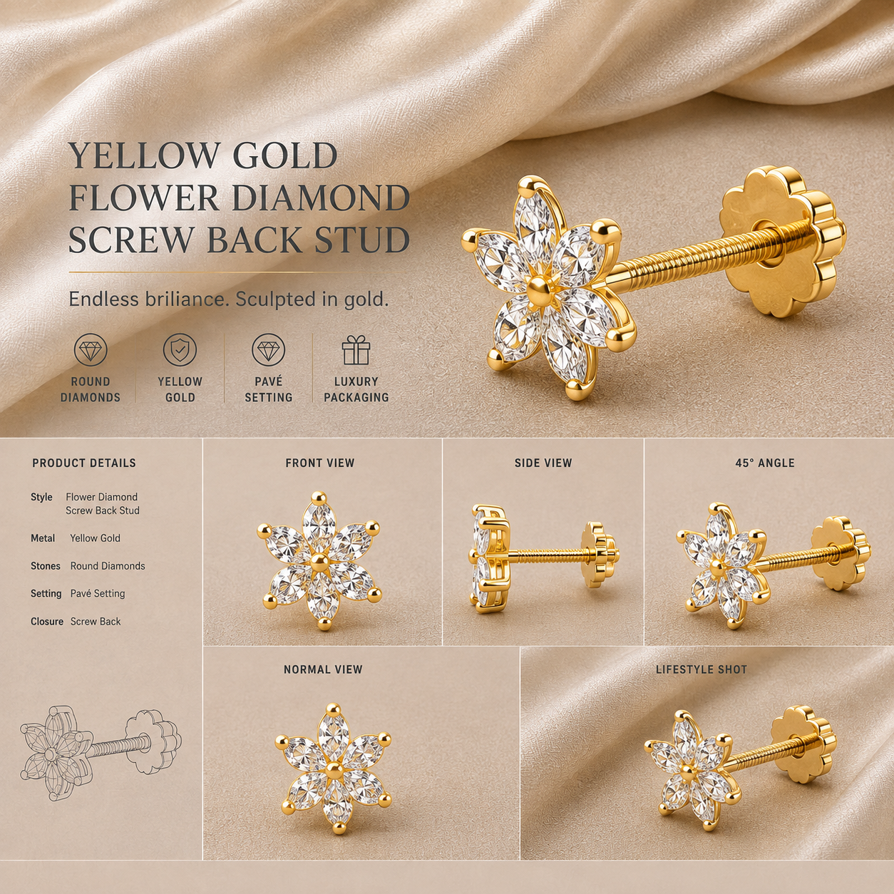 Ore 9K Gold Six-Petal Floral Cluster Nose Pin