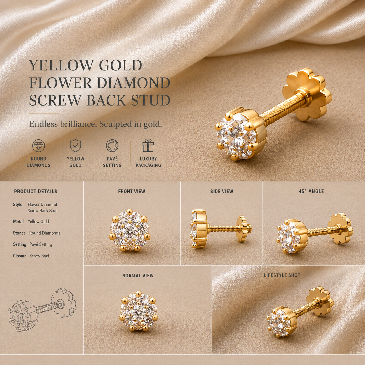 Ore 9K Gold Round Solitaire Nose Pin