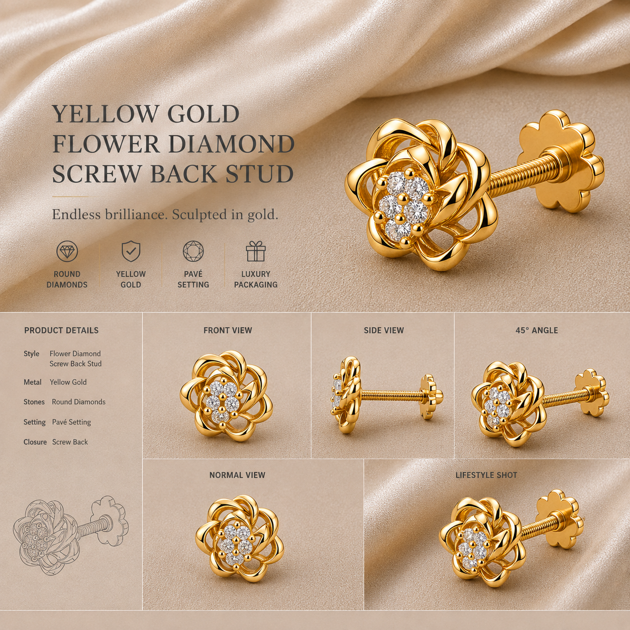Ore 9K Gold Rose-Inspired Solitaire Nose Pin
