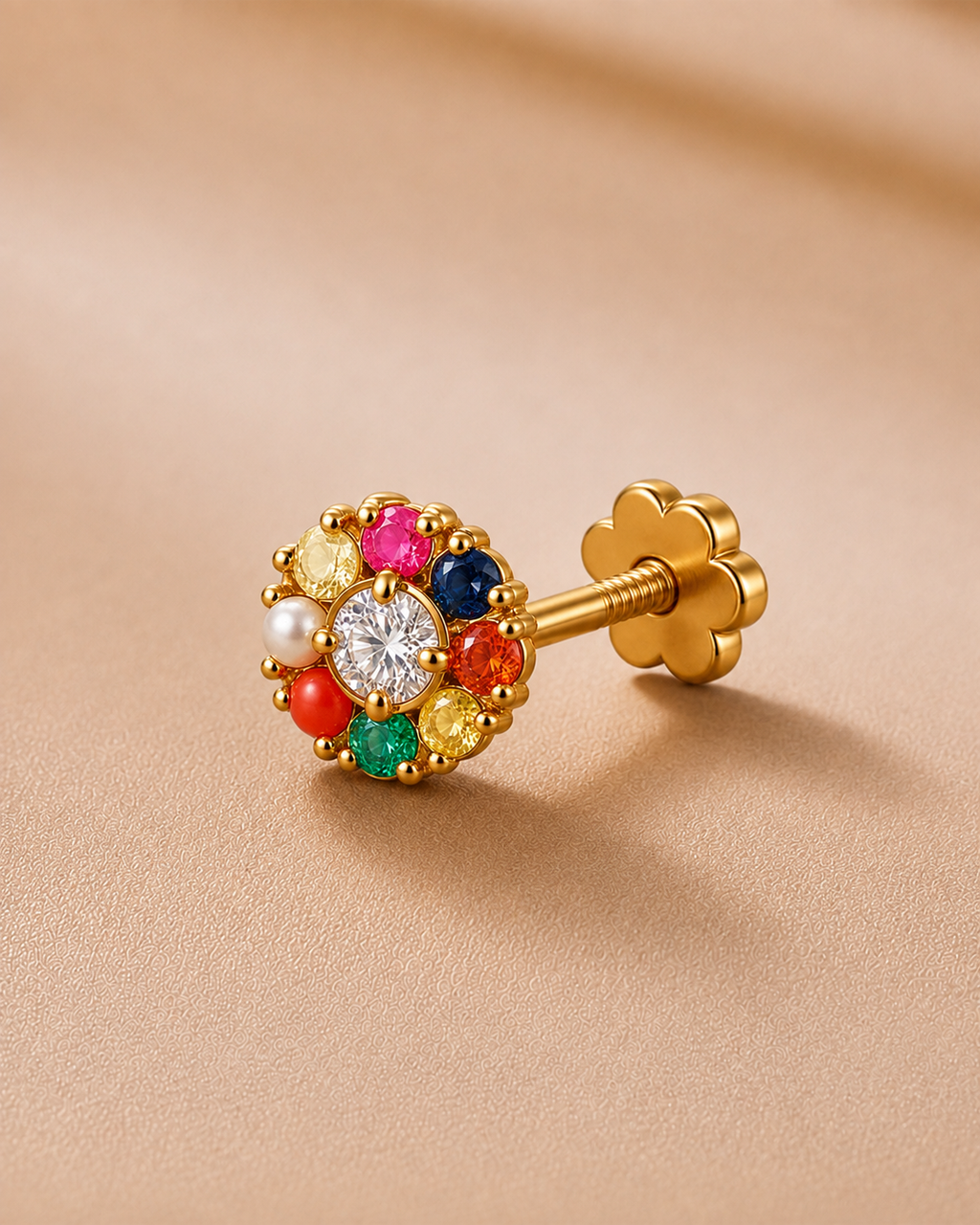Ore 9K Gold Navratna-Style Floral Cluster Nose Pin