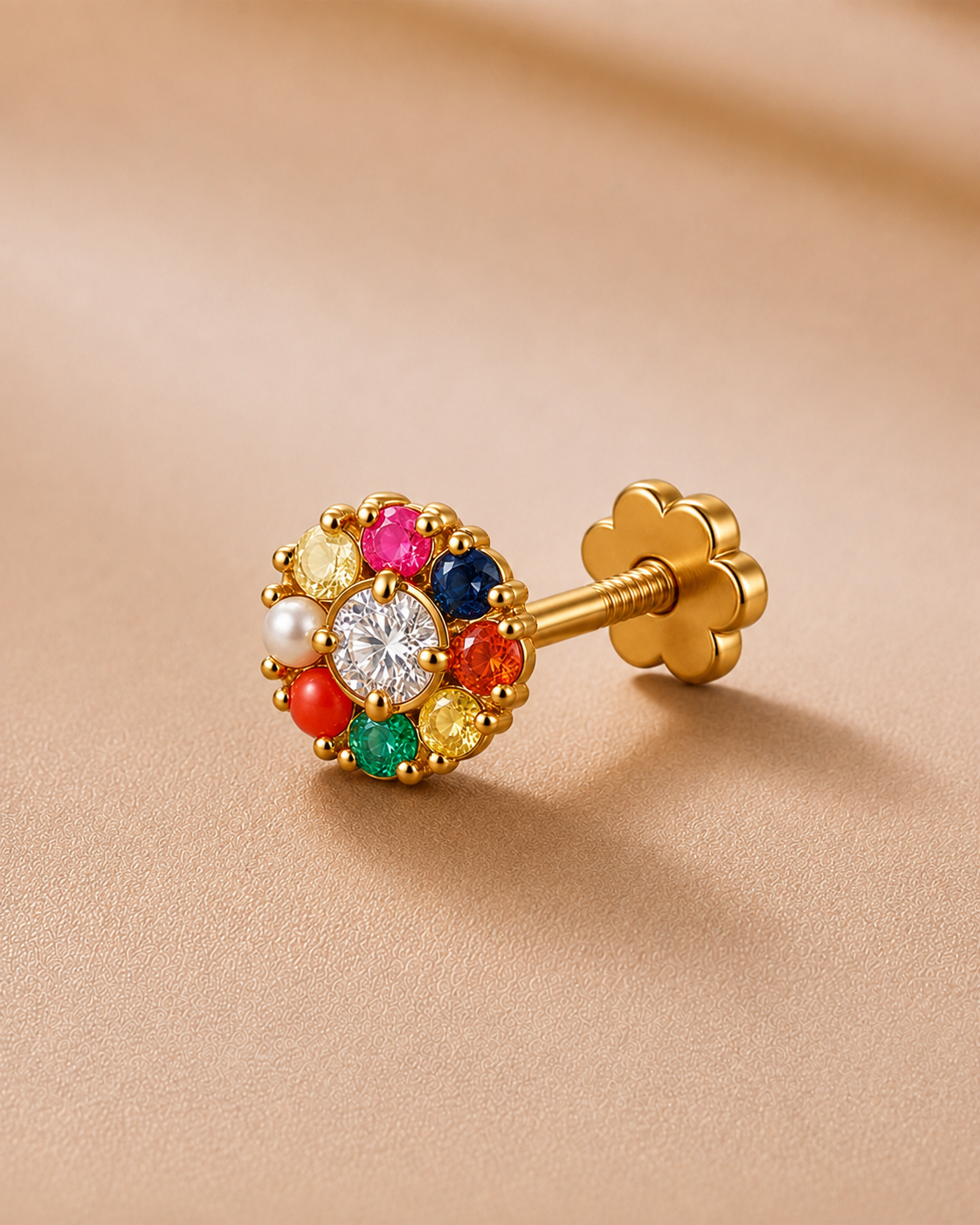 Ore 9K Gold Navratna-Style Floral Cluster Nose Pin