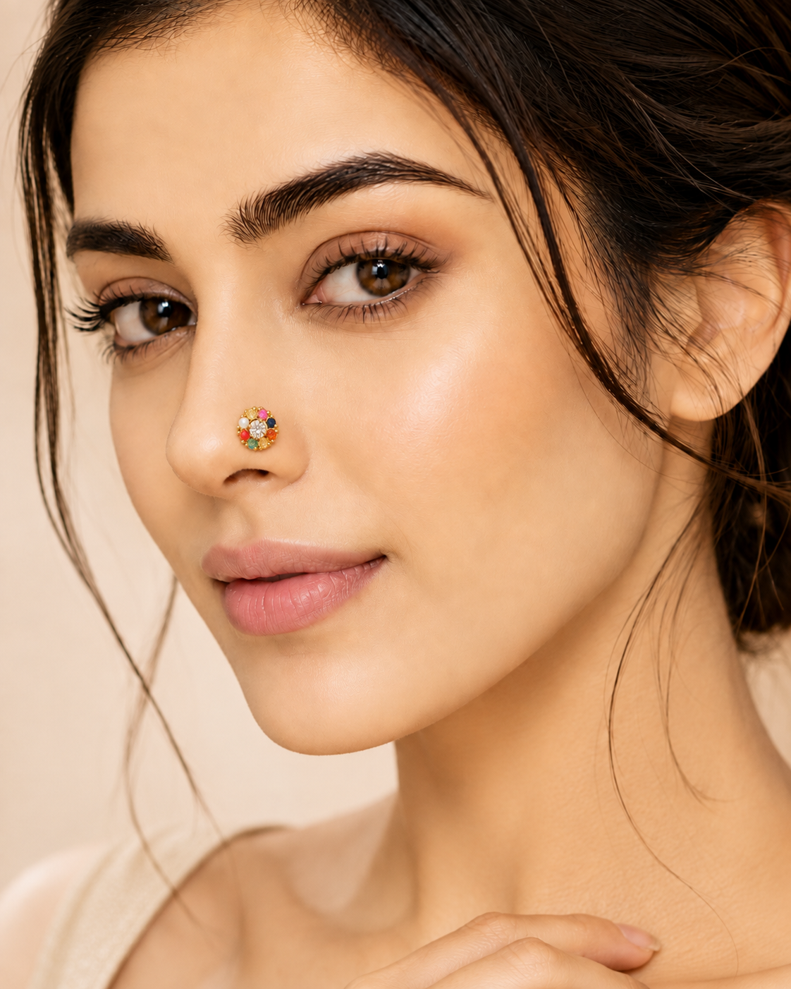 Ore 14KT Yellow Gold Navaratna Nose Pin