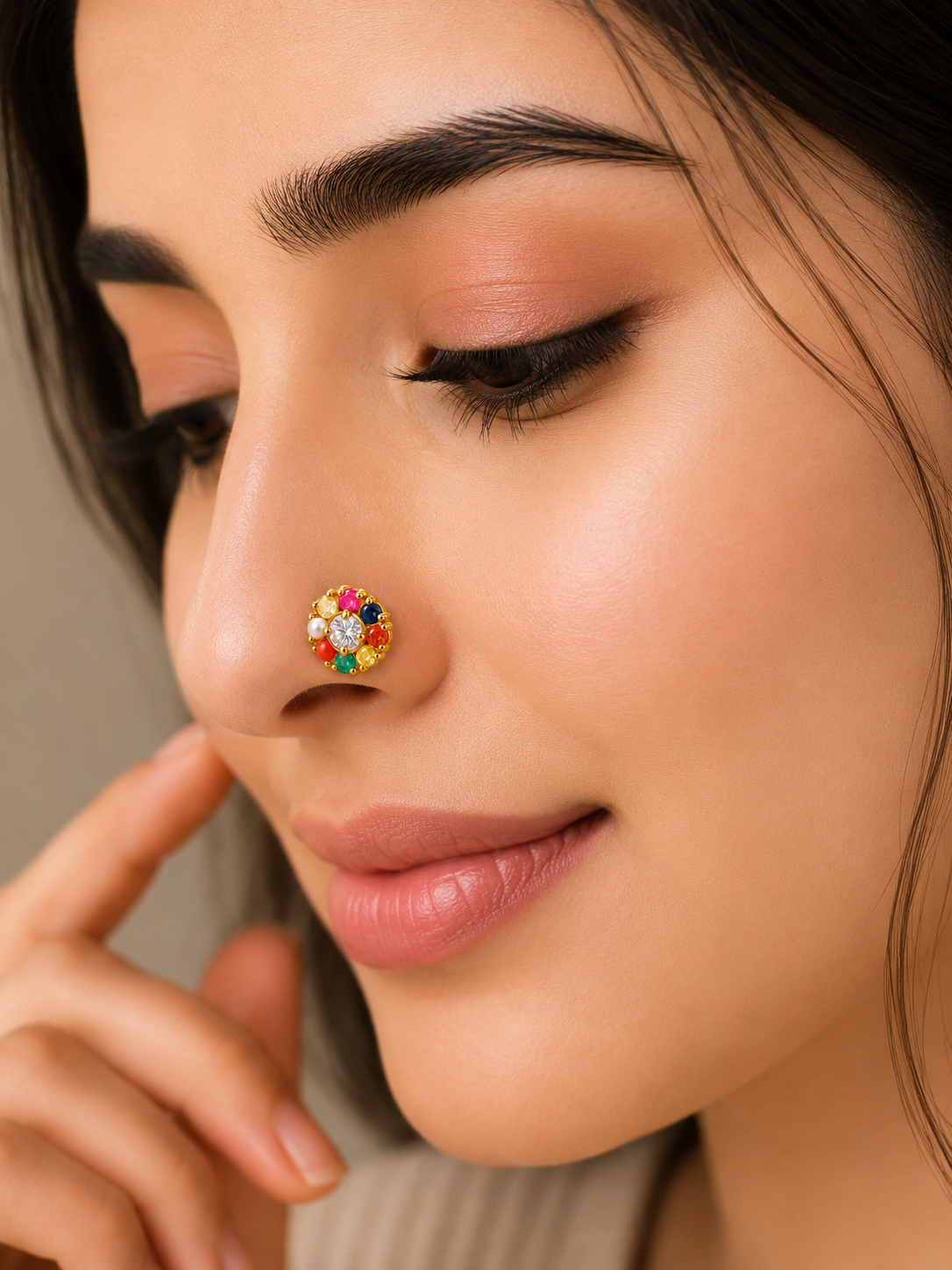 Ore 9K Gold Navratna-Style Floral Cluster Nose Pin