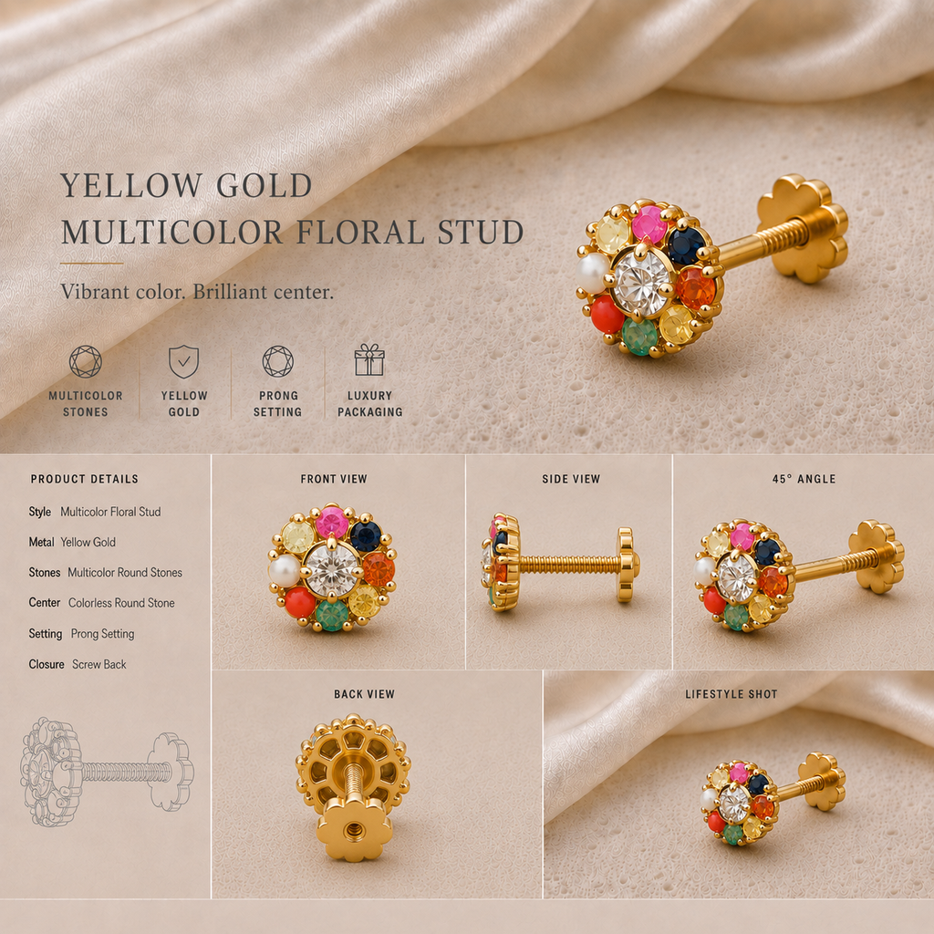 Ore 14KT Yellow Gold Navaratna Nose Pin