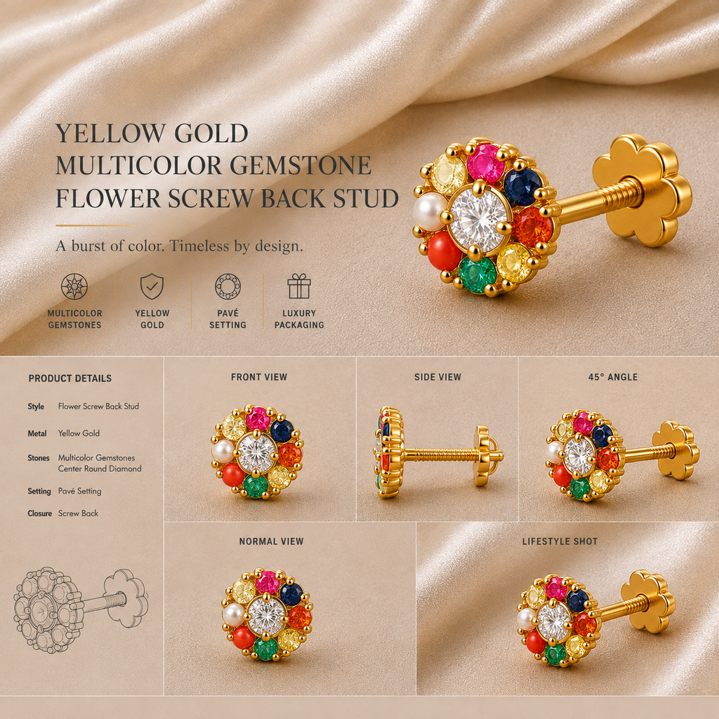 Ore 9K Gold Navratna-Style Floral Cluster Nose Pin