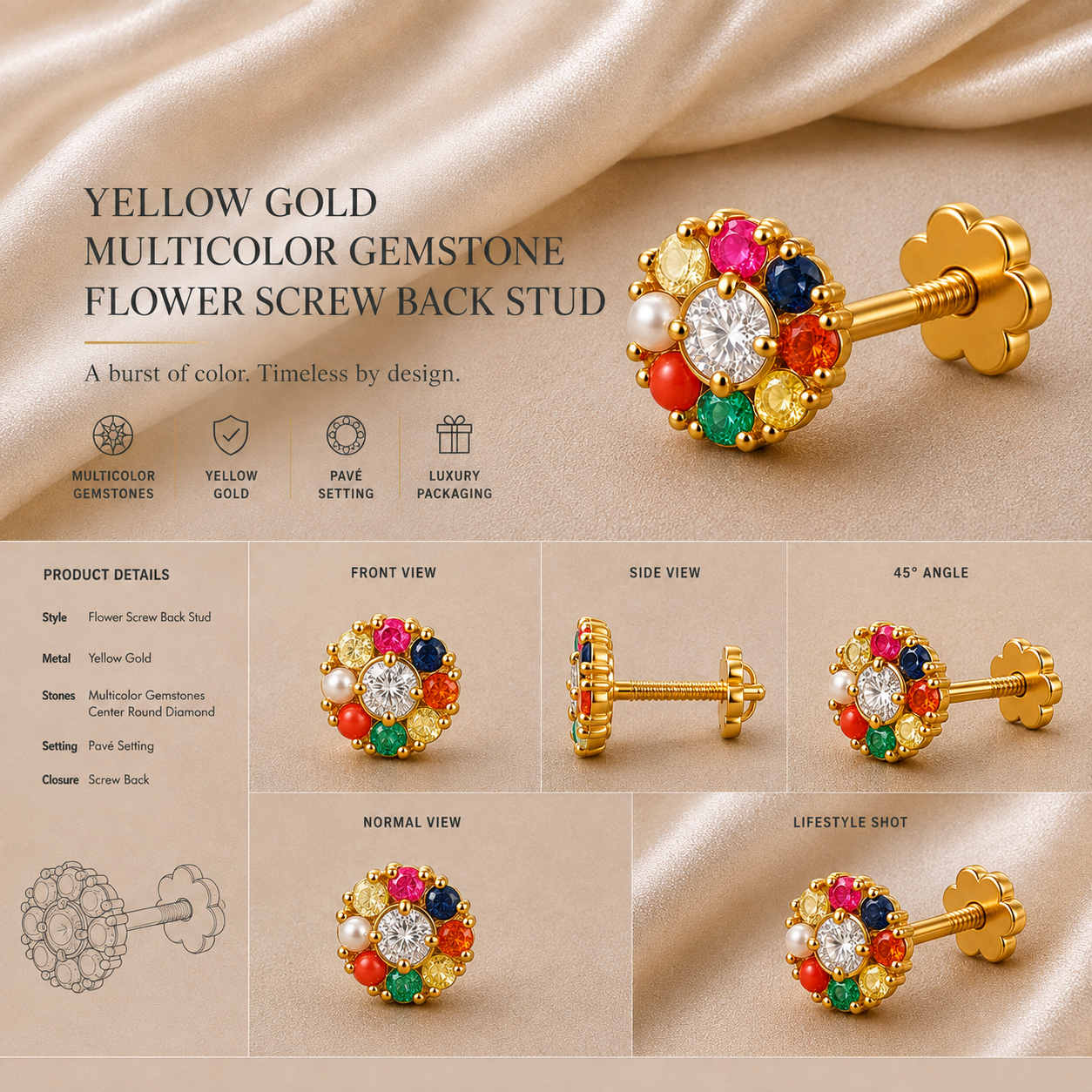 Ore 9K Gold Navratna-Style Floral Cluster Nose Pin