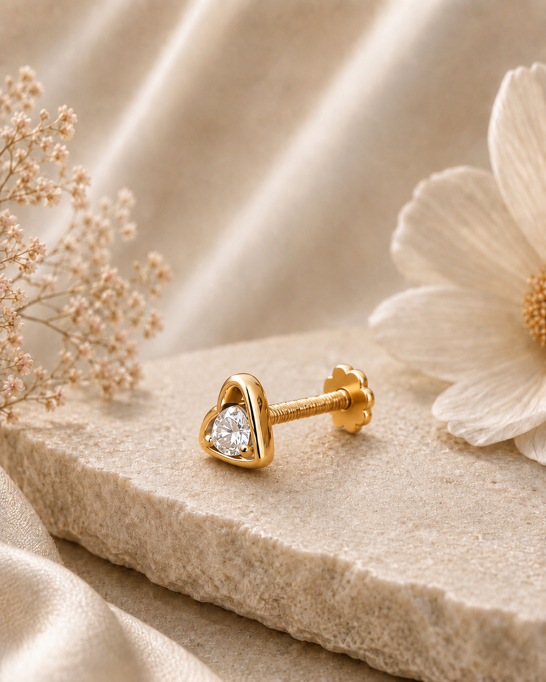 14K gold heart solitaire diamond nose pin by Oré