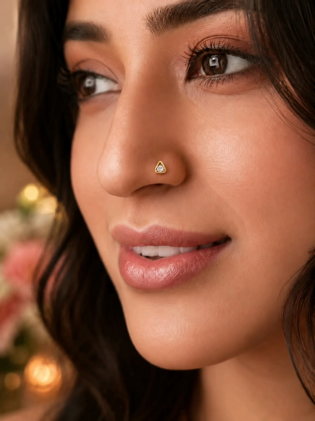 14K gold heart solitaire diamond nose pin by Oré, view 2