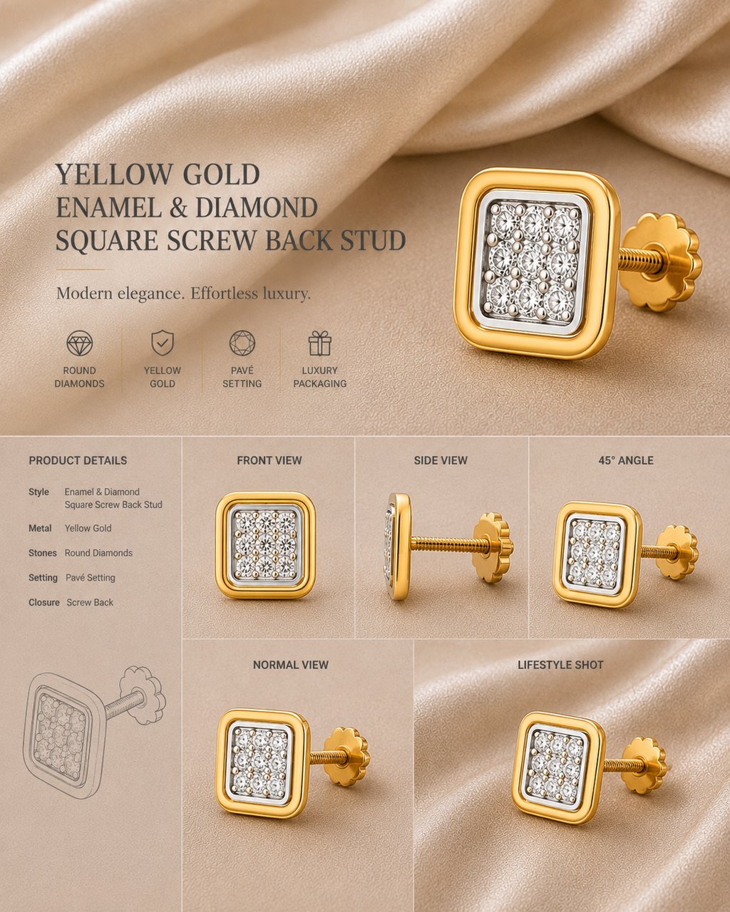 Ore 9K Gold Cushion-Square Diamond Cluster Stud Earrings