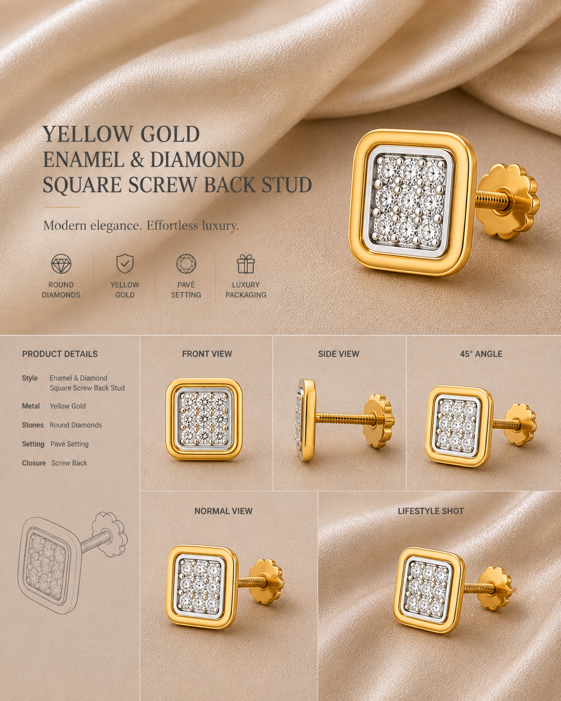 Ore 9K Gold Cushion-Square Diamond Cluster Stud Earrings
