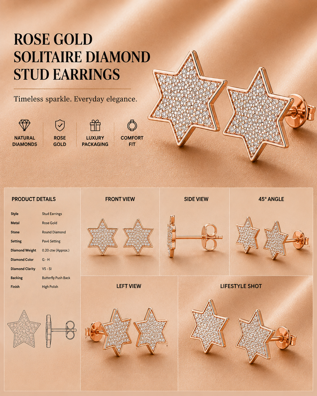 Ore 9K Gold Six-Point Star Pave Stud Earrings