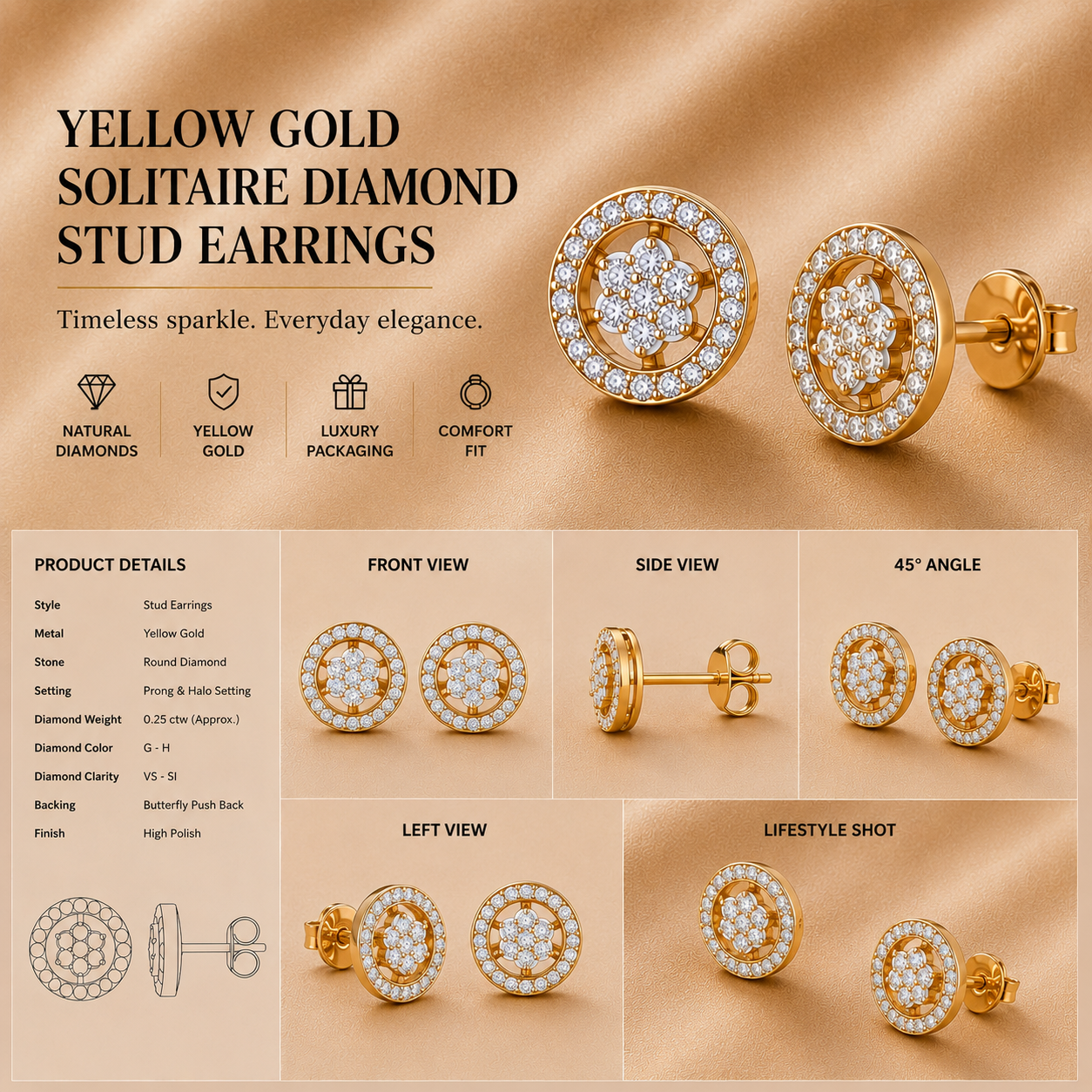 Ore 9K Gold Floral Halo Stud Earrings