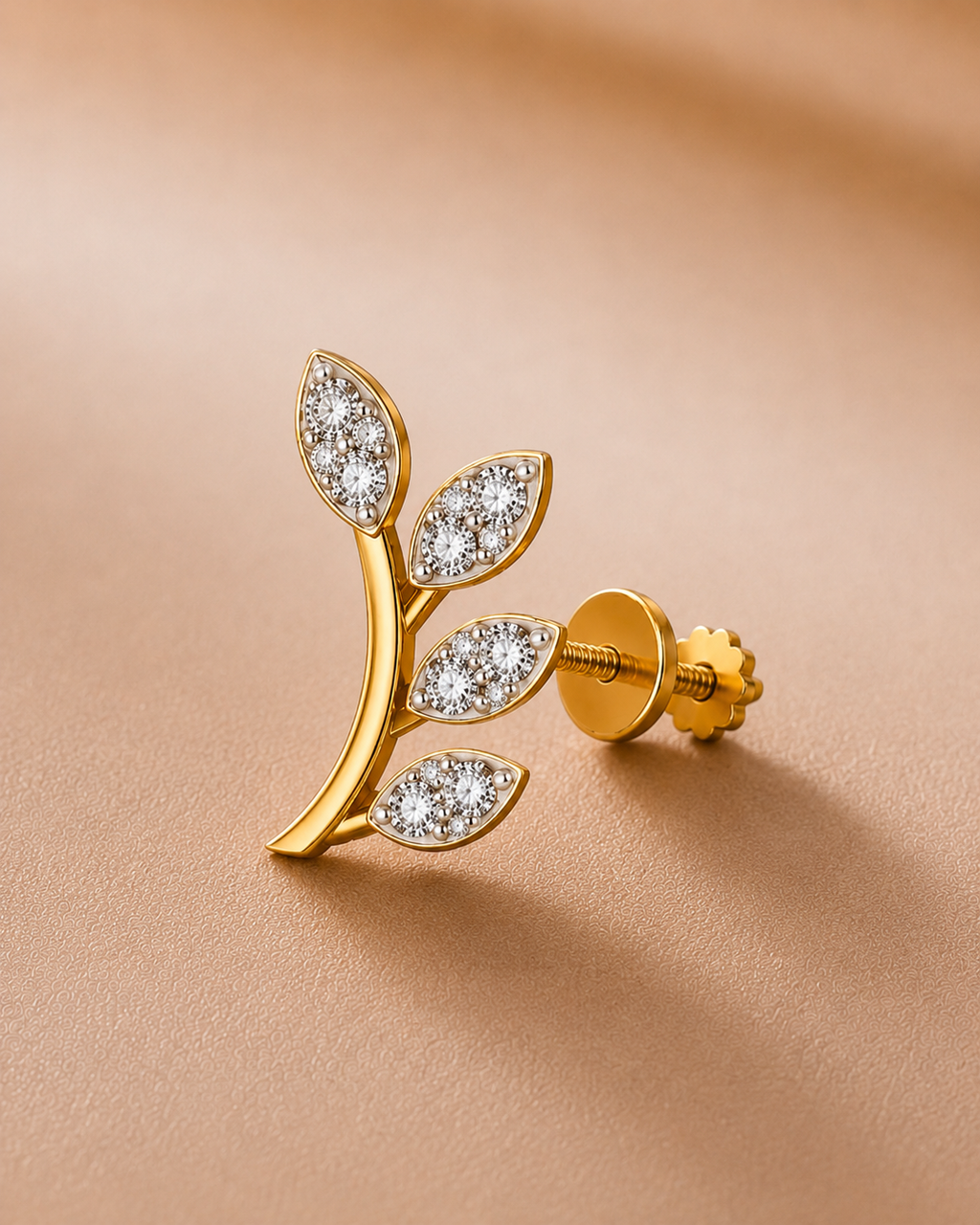 Ore 9K Gold Diamond Leaf-Branch Stud Earrings