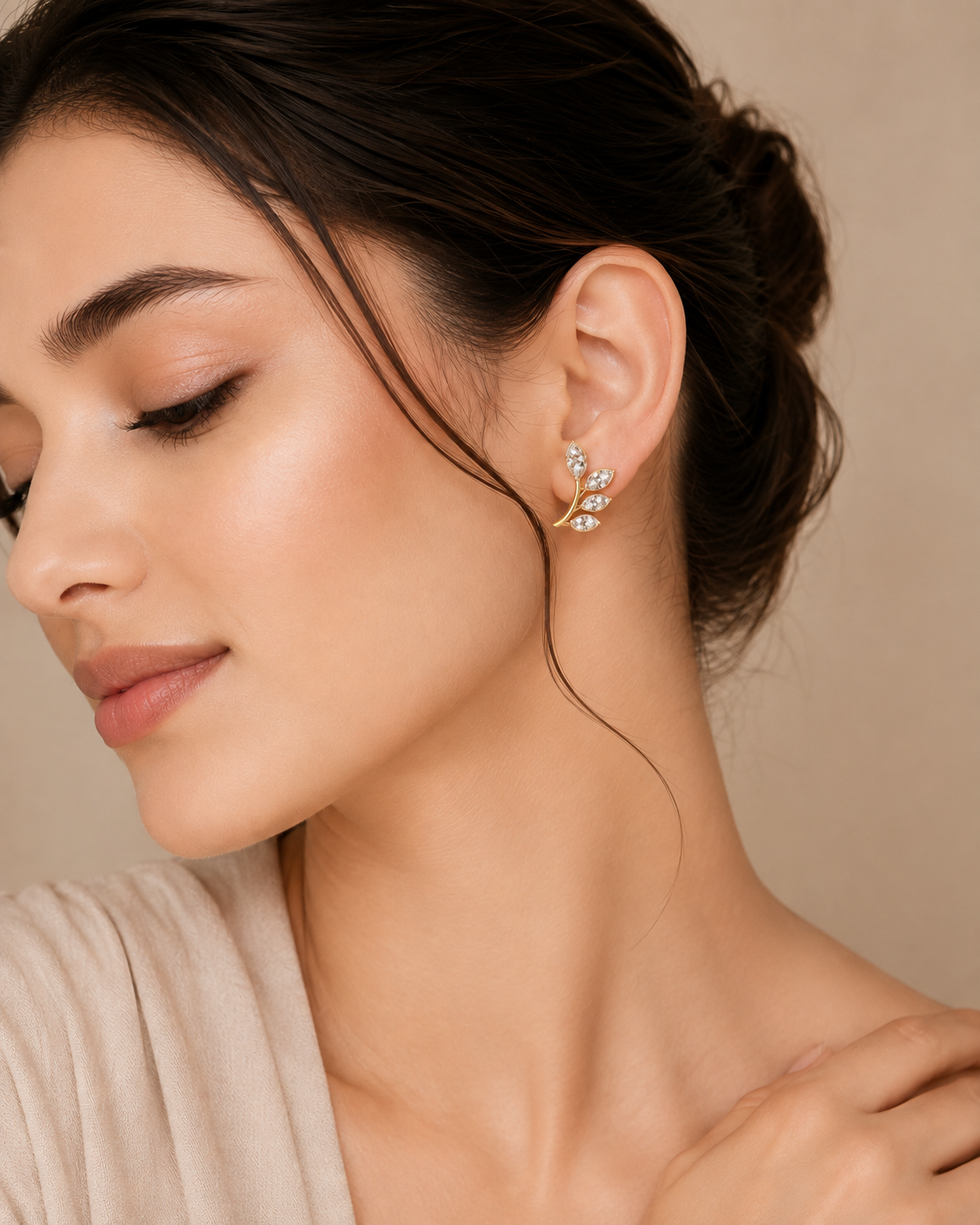 Ore 9K Gold Diamond Leaf-Branch Stud Earrings