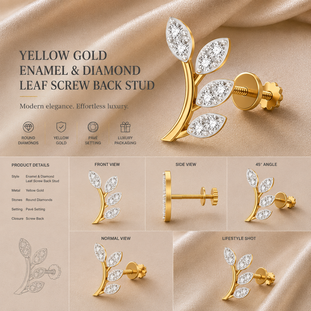 Ore 9K Gold Diamond Leaf-Branch Stud Earrings