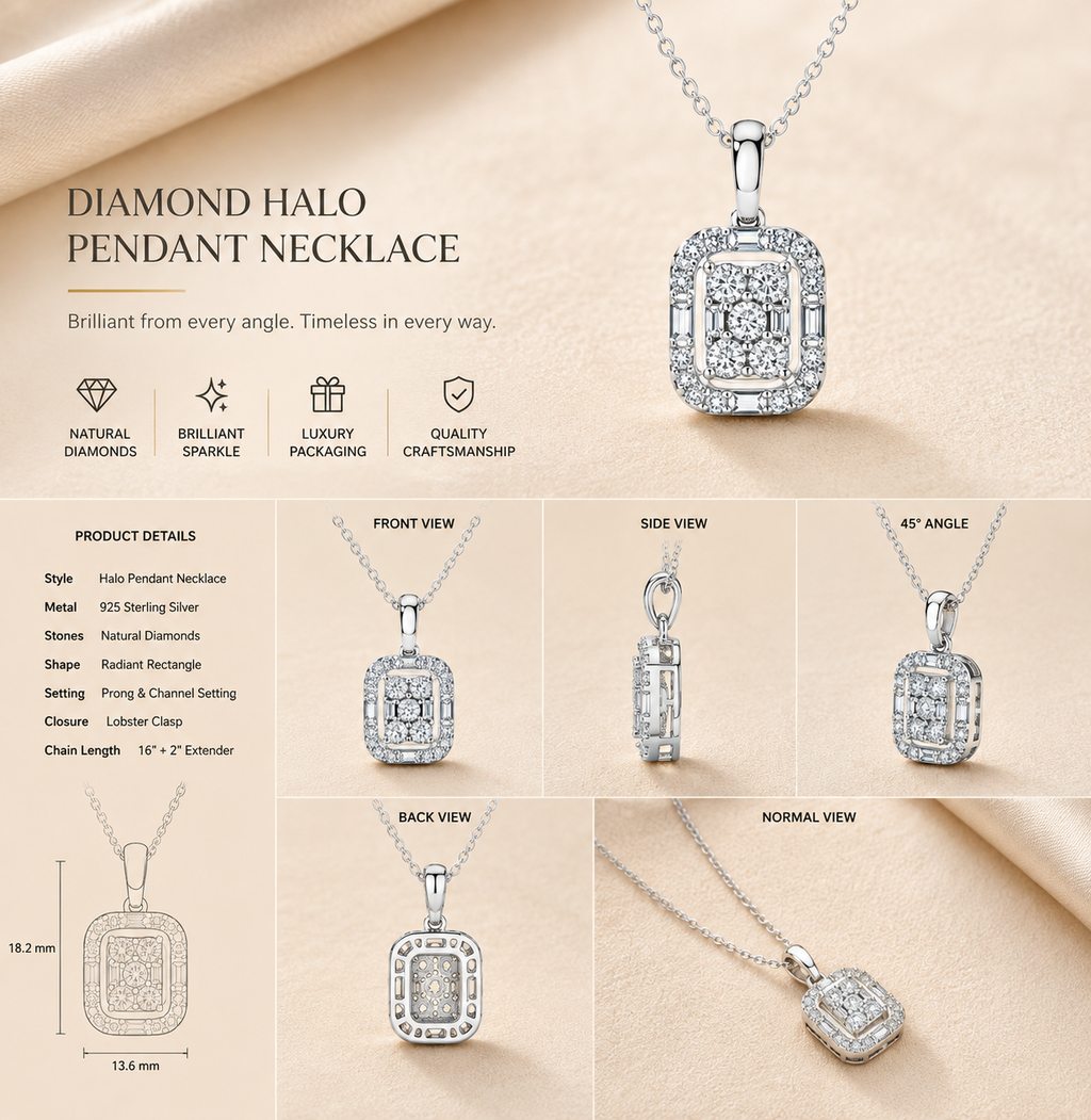 Ore 9K Yellow Gold Rectangular Halo Diamond Pendant Necklace