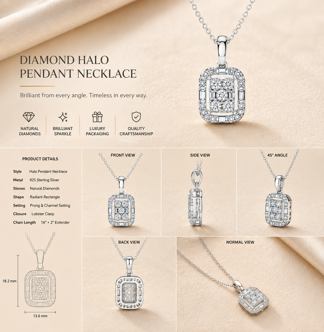 Ore 9K Yellow Gold Rectangular Halo Diamond Pendant Necklace