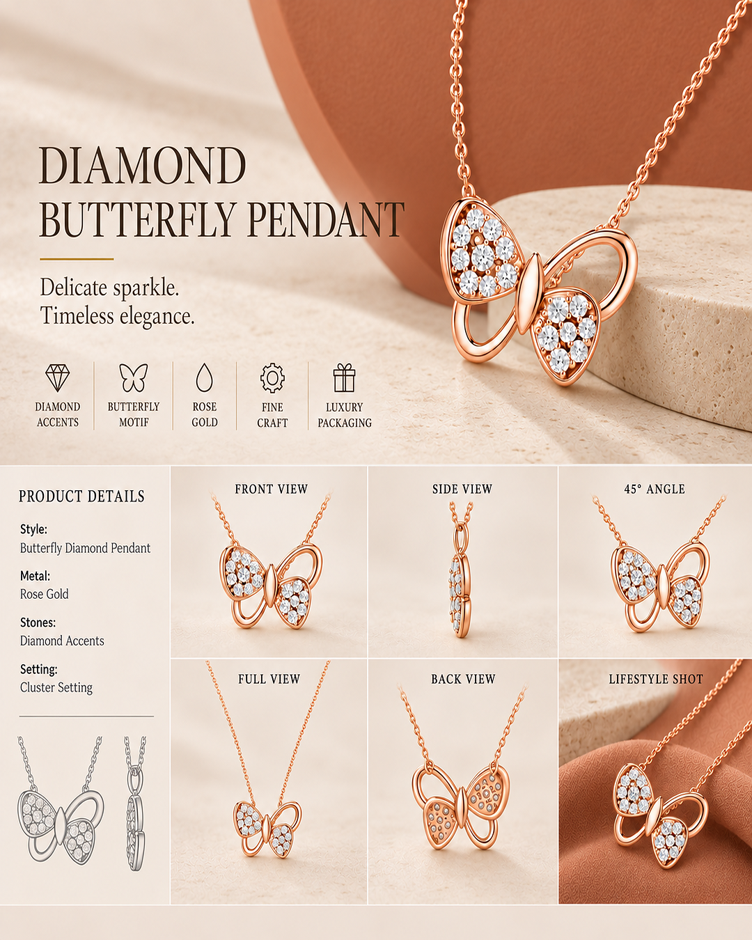 14K rose gold diamond accent pendant necklace by Oré, view 3