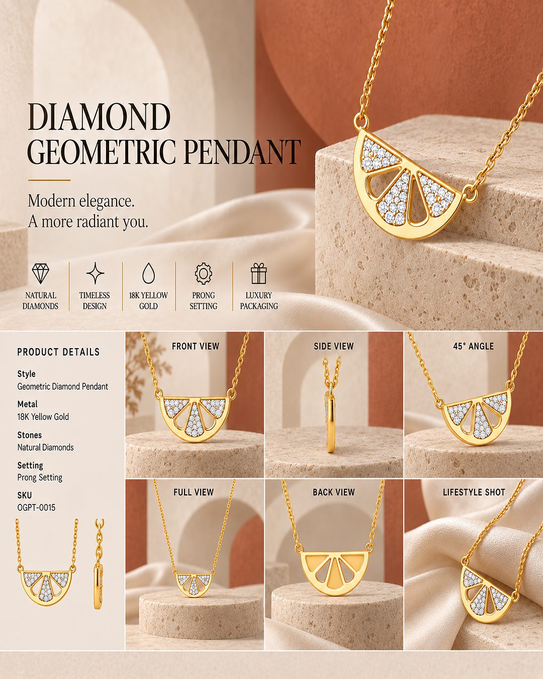 9K yellow gold multi-stone floral diamond pendant by Oré, view 3