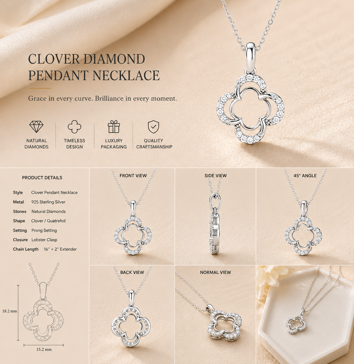 Ore 9K Yellow Gold Four-Petal Clover Diamond Pendant Necklace