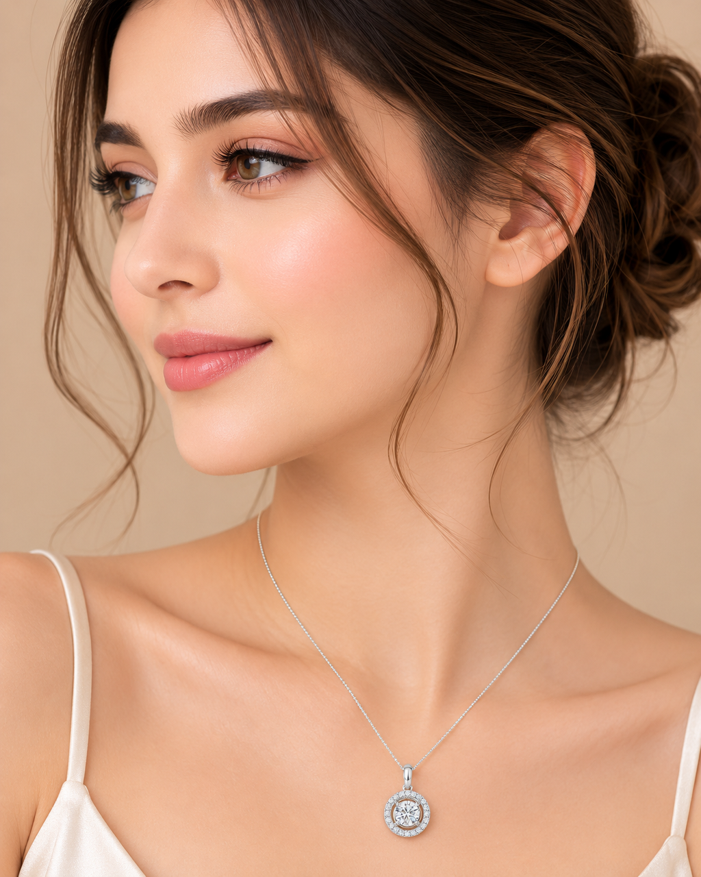 Ore 9K Yellow Gold Round Solitaire Halo Pendant Necklace