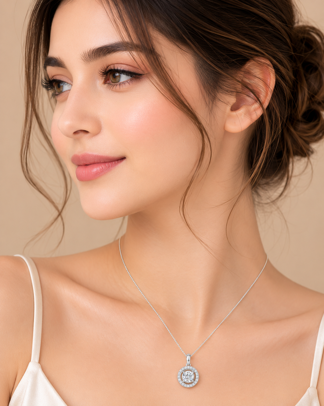 Ore 9K Yellow Gold Round Solitaire Halo Pendant Necklace