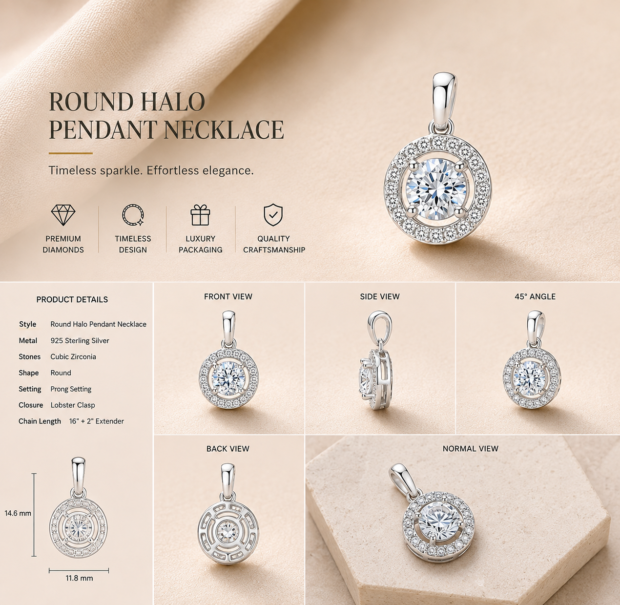 Ore 9K Yellow Gold Round Solitaire Halo Pendant Necklace