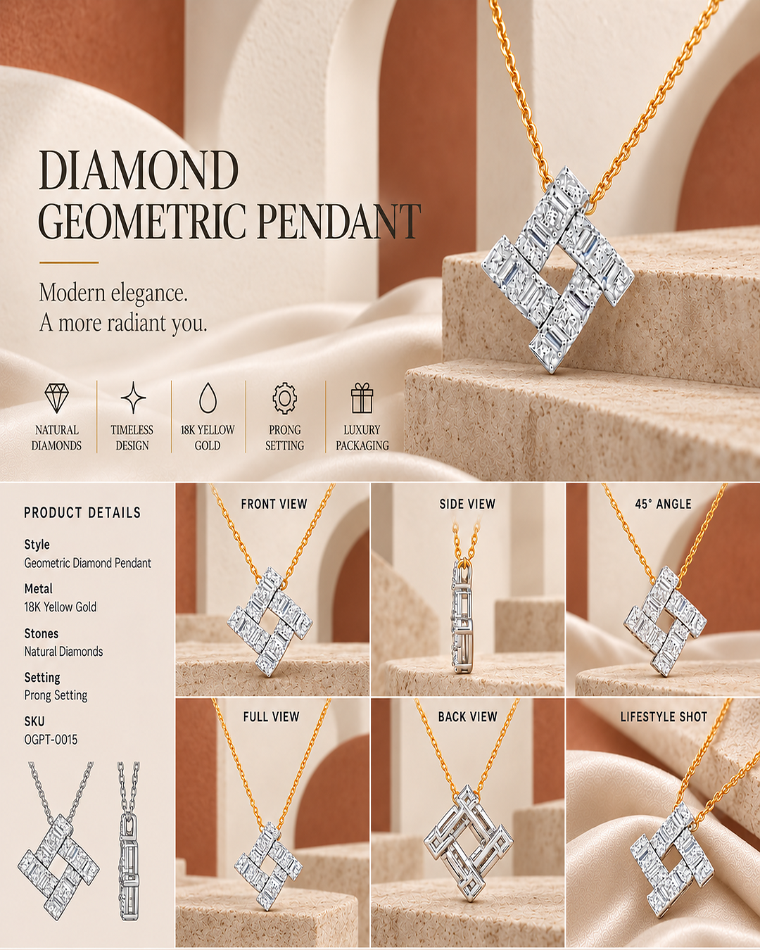 9K yellow gold baguette halo diamond pendant by Oré, view 3