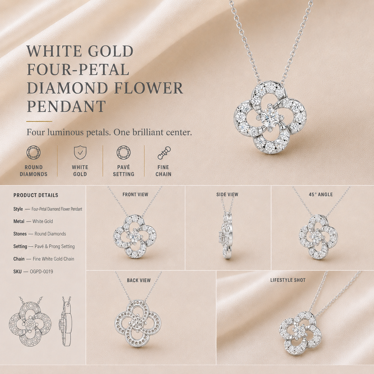 Ore 14KT Yellow Gold Flower Pendant with Chain