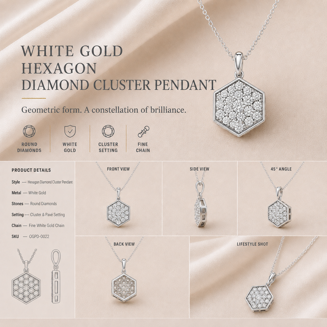 Ore 14KT Yellow Gold Hexagonal Pendant with Chain