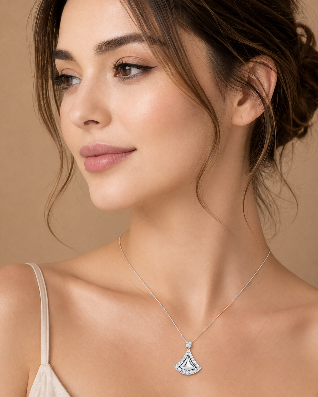 Ore 9K Yellow Gold Fan-Shaped Pave Halo Pendant Necklace