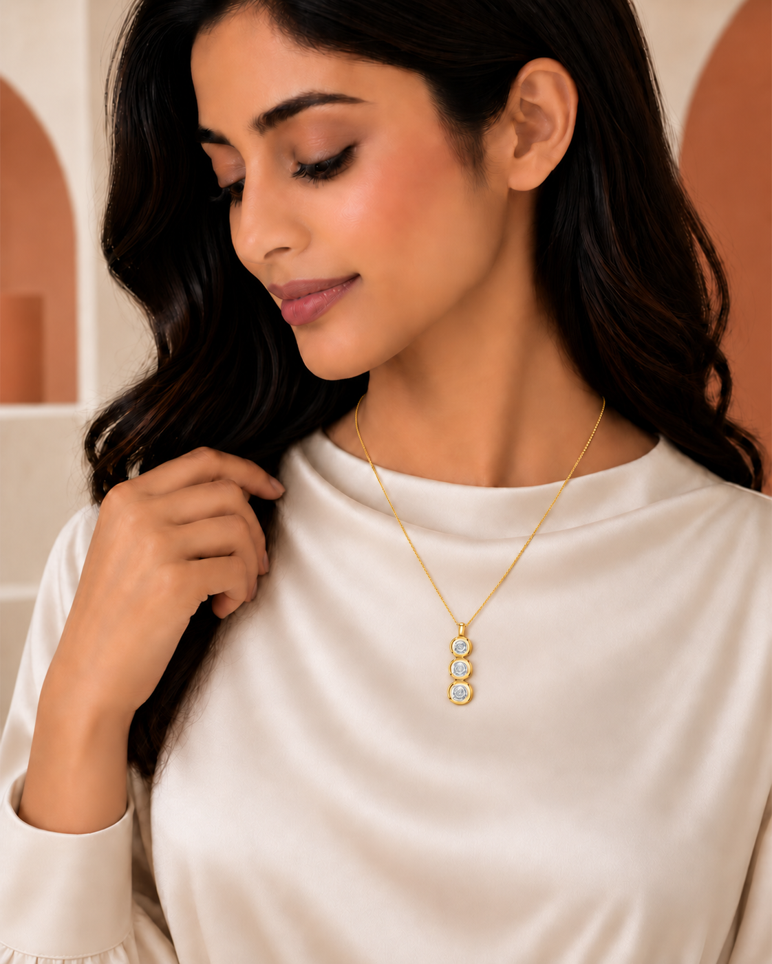 9K yellow gold graduated round drop diamond pendant by Oré, view 2