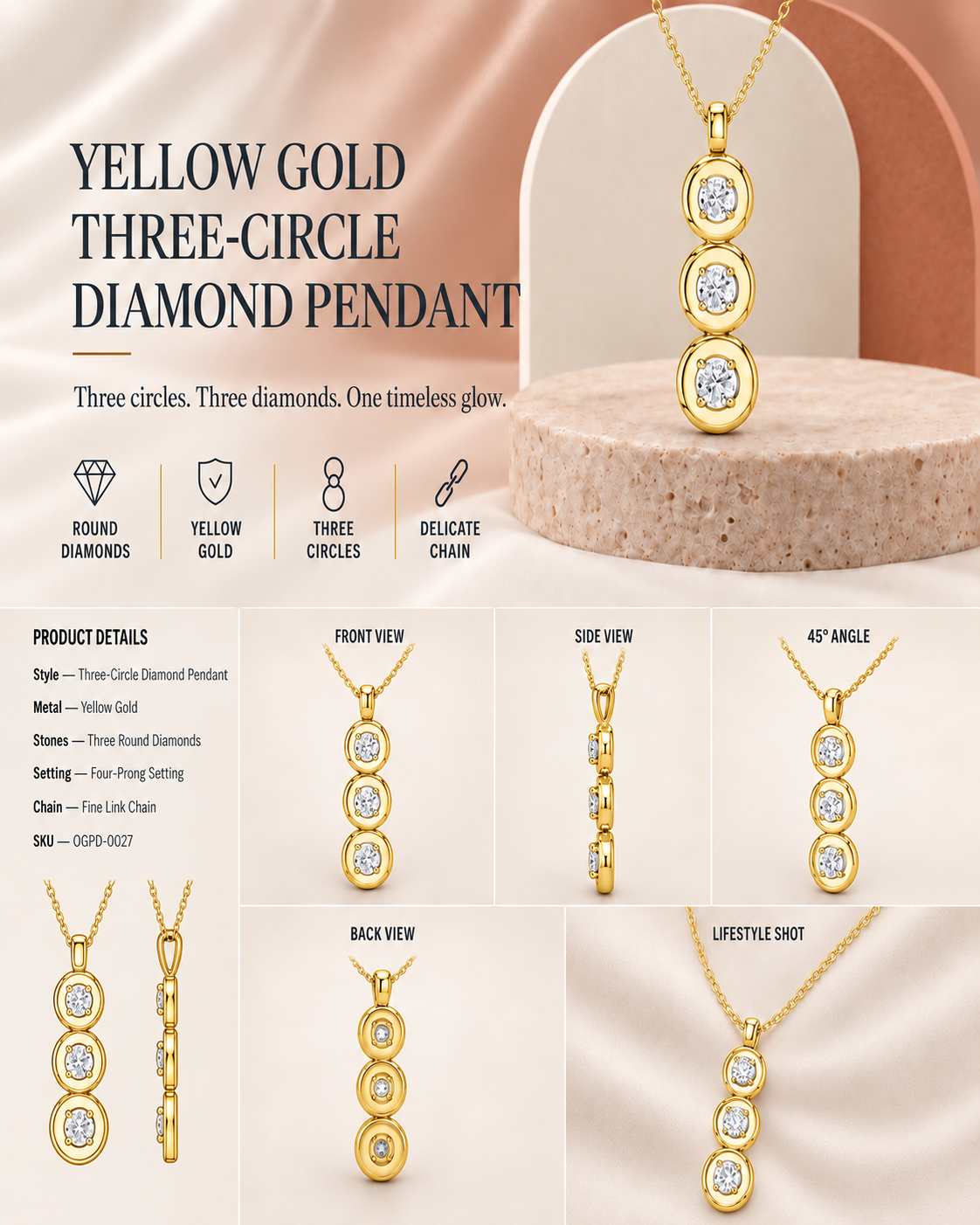 9K yellow gold graduated round drop diamond pendant by Oré, view 3