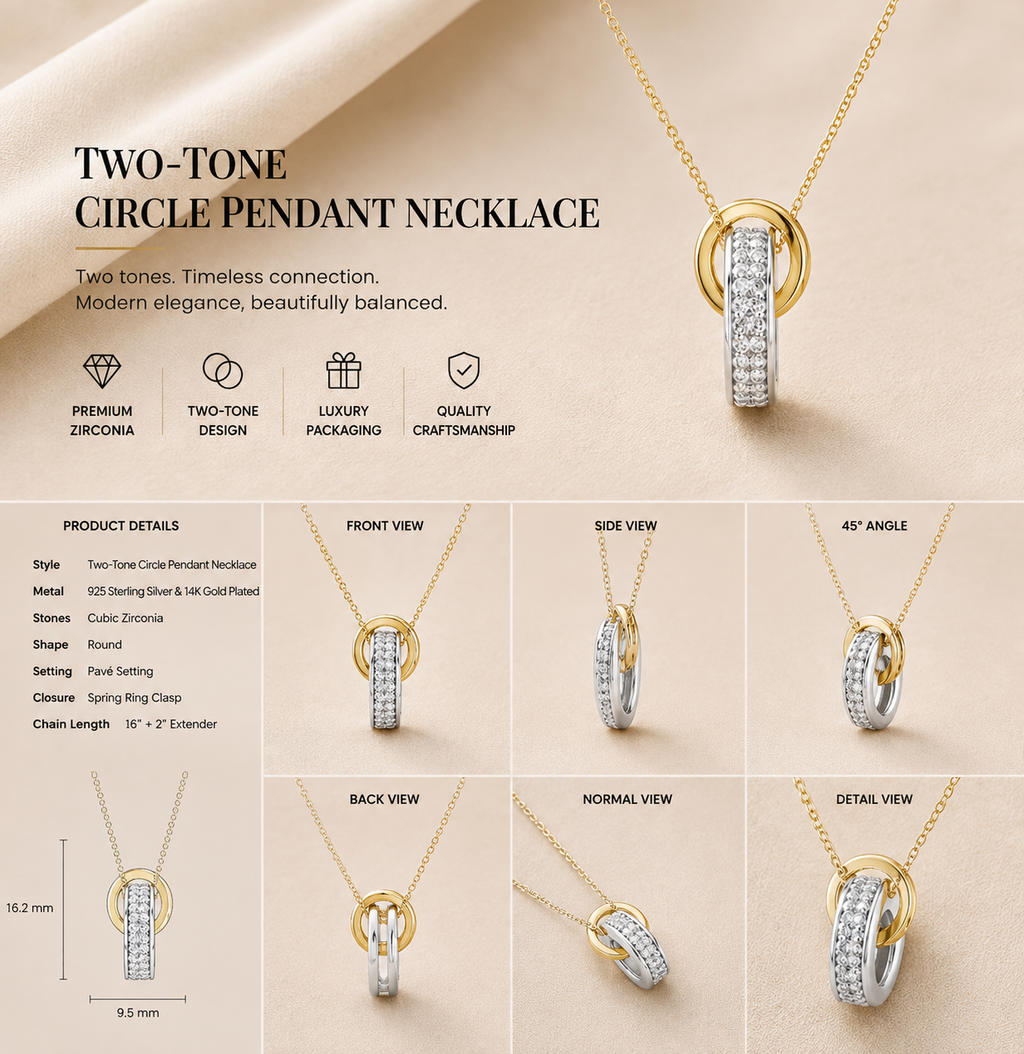 Ore 9K Two-Tone Gold Interlocking Ring Diamond Pendant Necklace