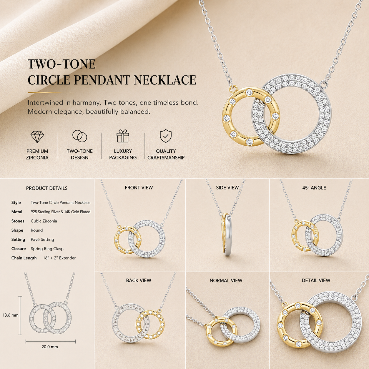 Ore 9K Rose Gold Two-Tone Interlocking Double-Circle Pendant Necklace