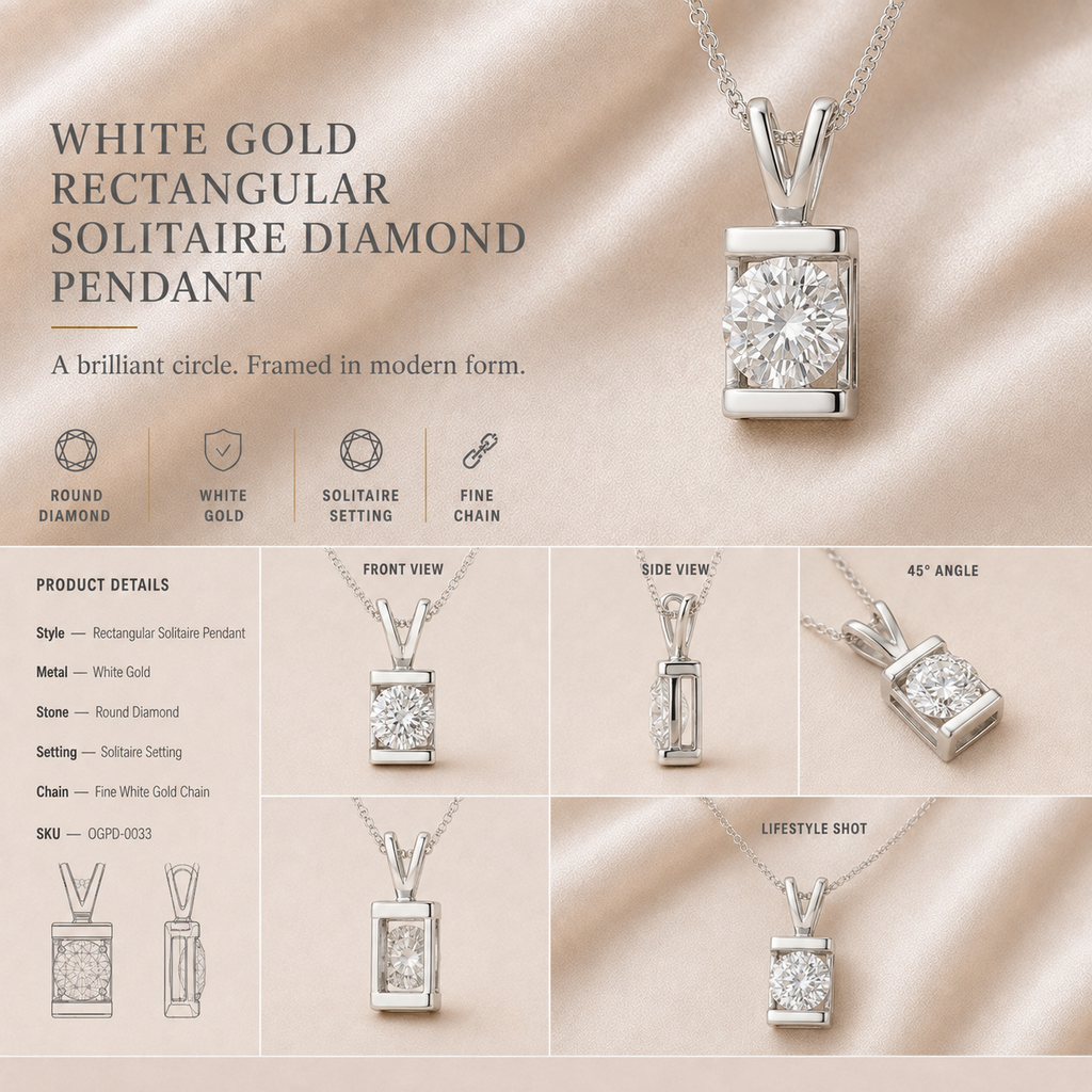 Ore 14KT Yellow Gold Rectangular Solitaire Pendant with Chain