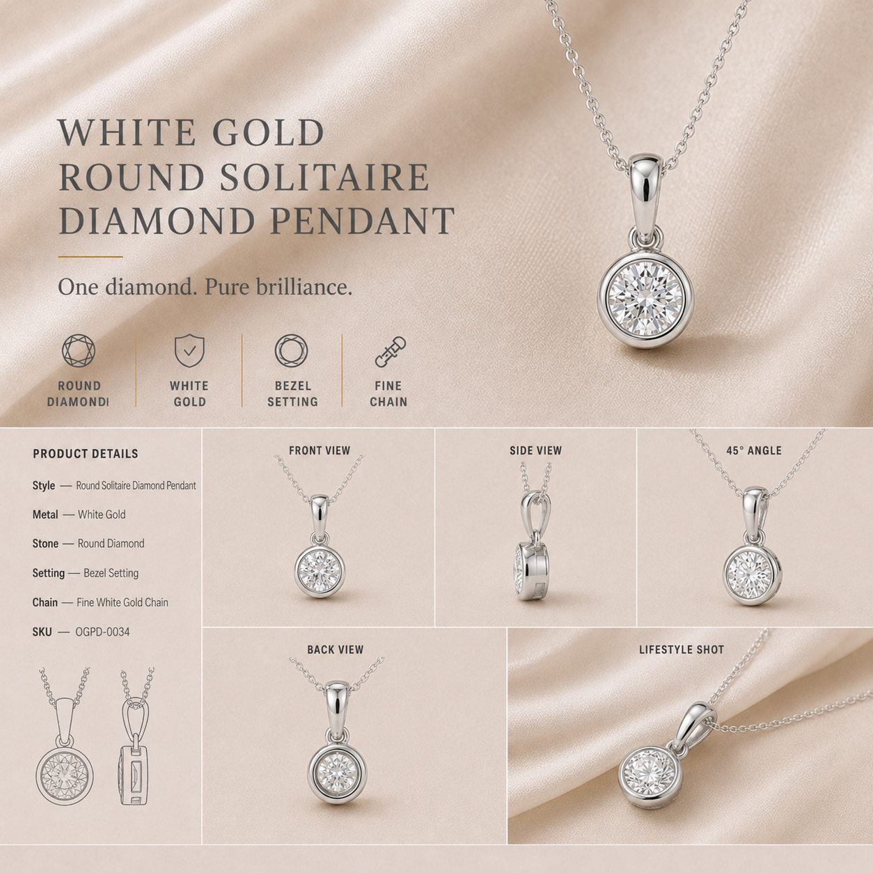 Ore 14KT Yellow Gold Solitaire Pendant with Chain