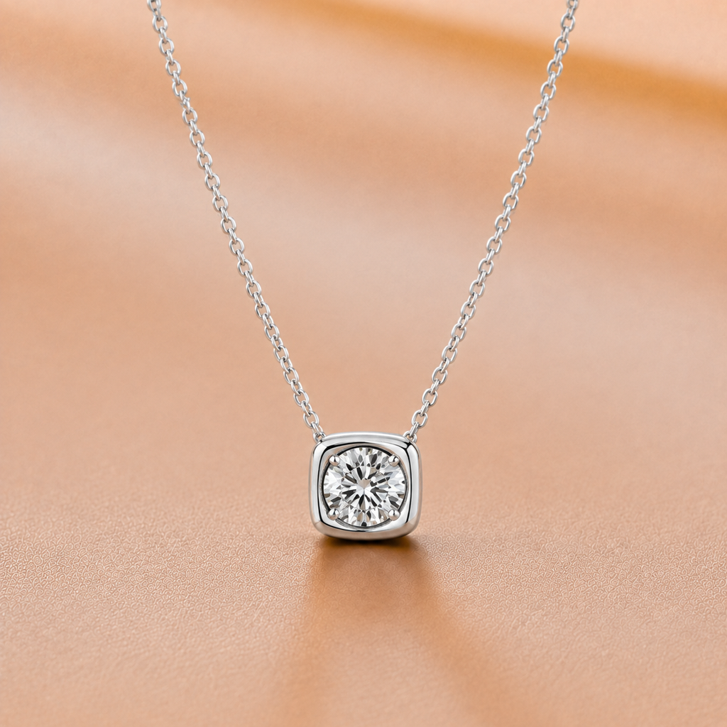Ore 9K Yellow Gold Square Bezel-Set Solitaire Pendant Necklace