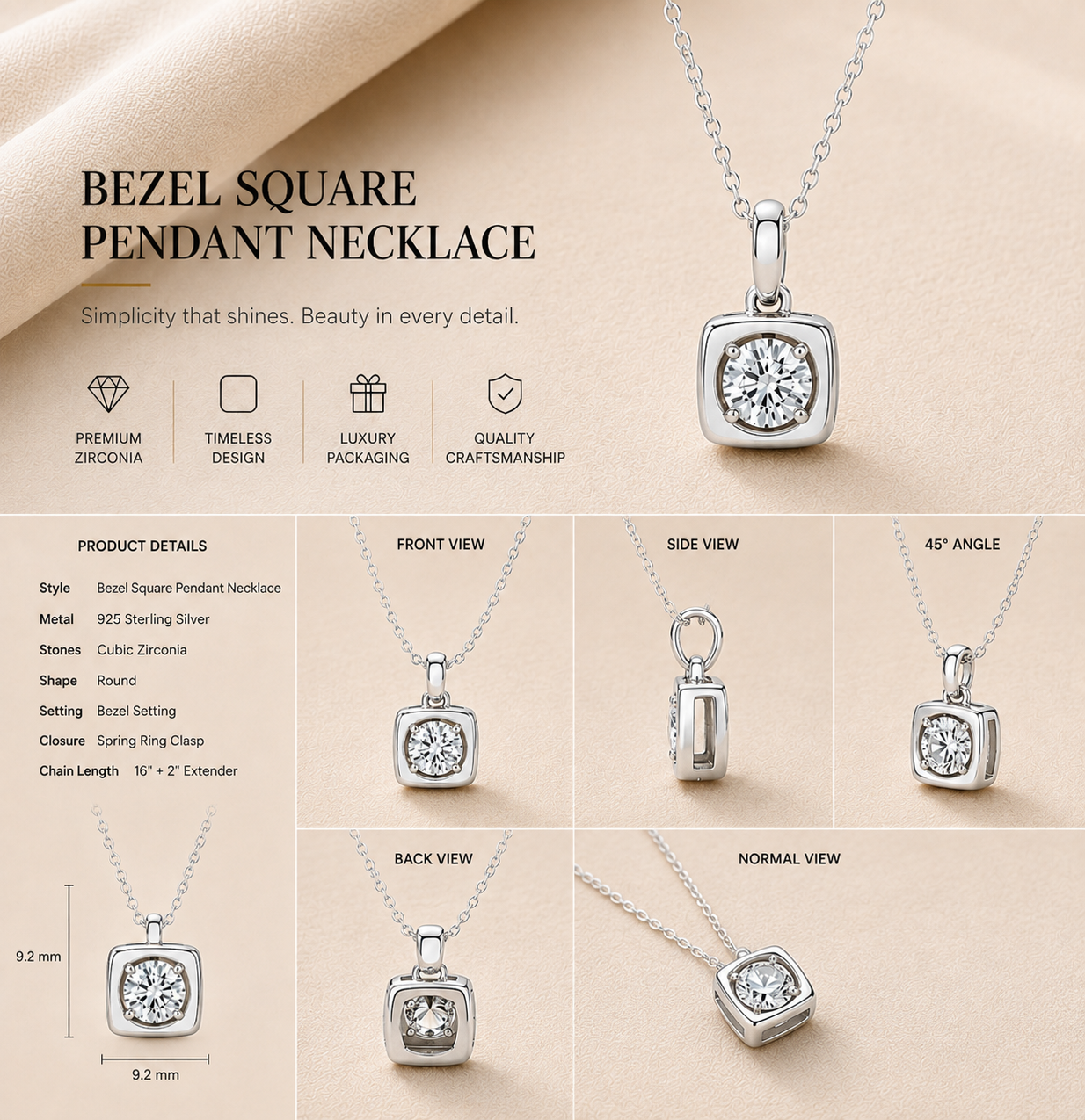 Ore 9K Yellow Gold Square Bezel-Set Solitaire Pendant Necklace
