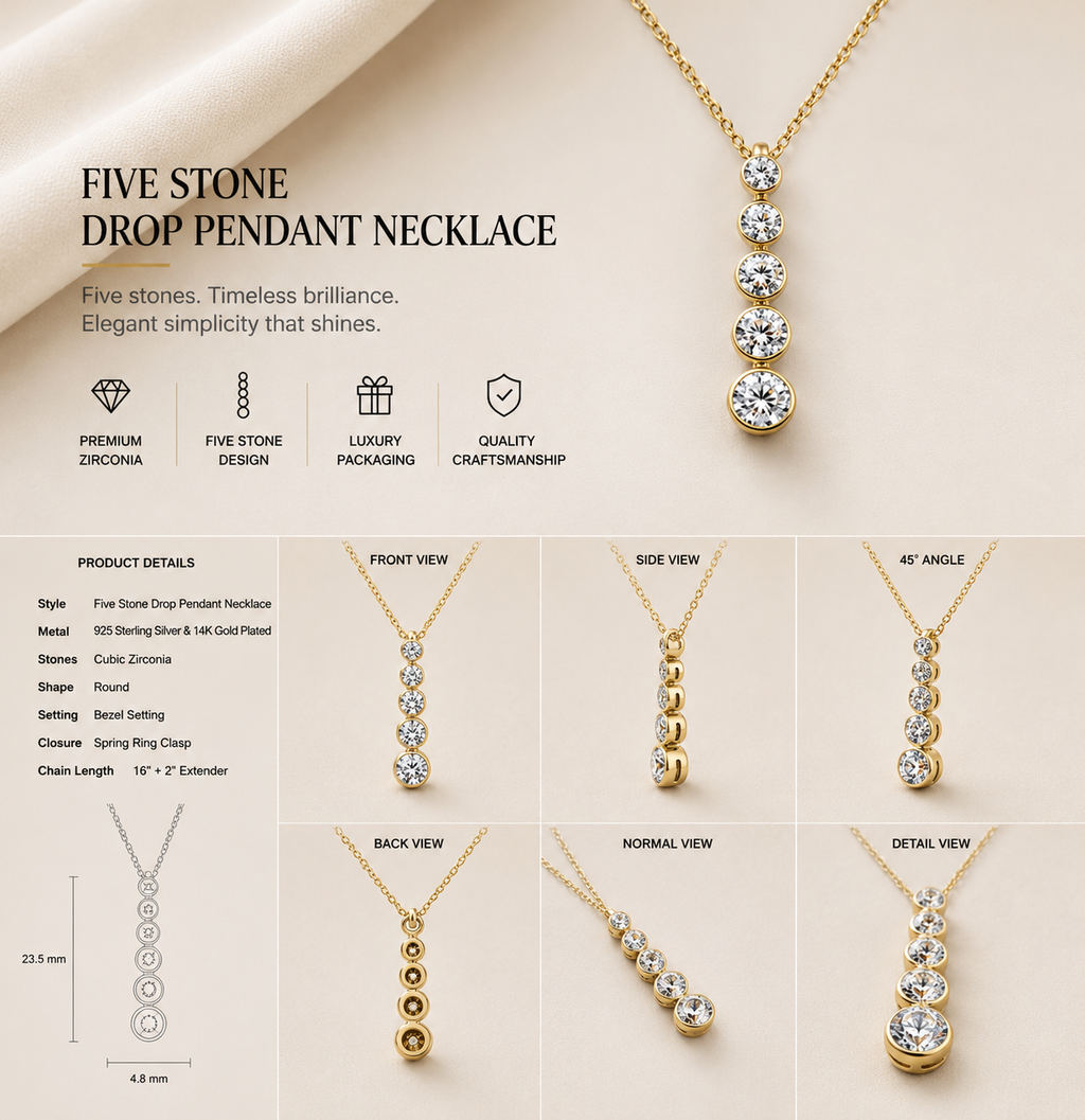 Ore 9K Yellow Gold Graduated Five-Stone Diamond Drop Necklace