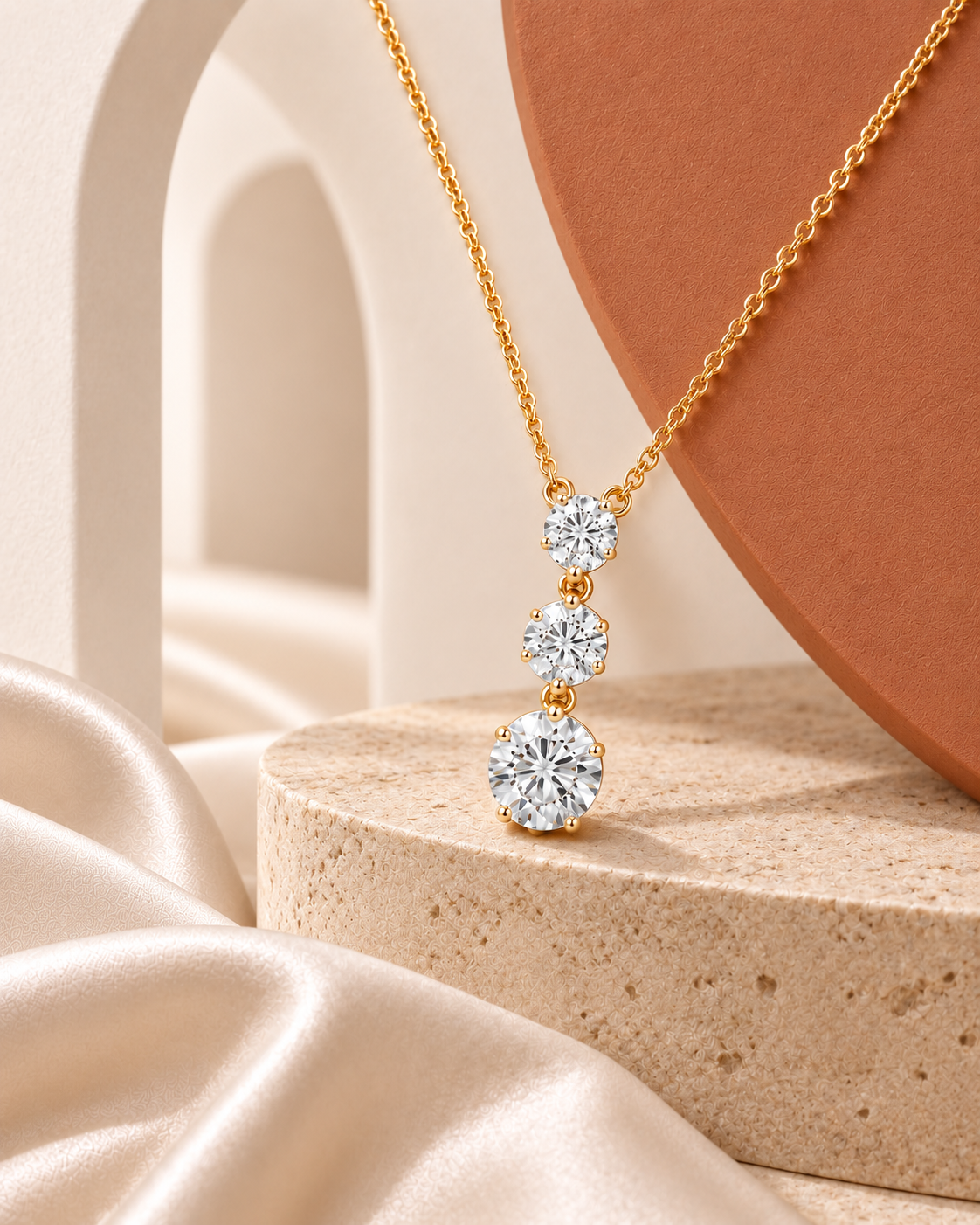 9K yellow gold graduated three-stone diamond pendant by Oré