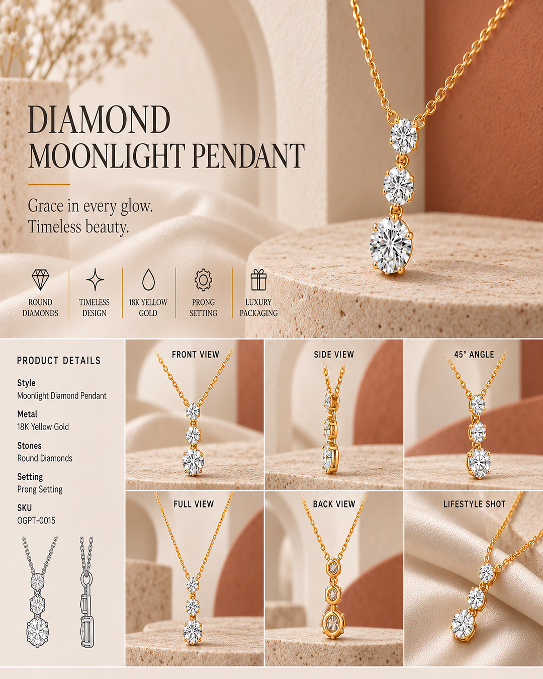 9K yellow gold graduated three-stone diamond pendant by Oré, view 3
