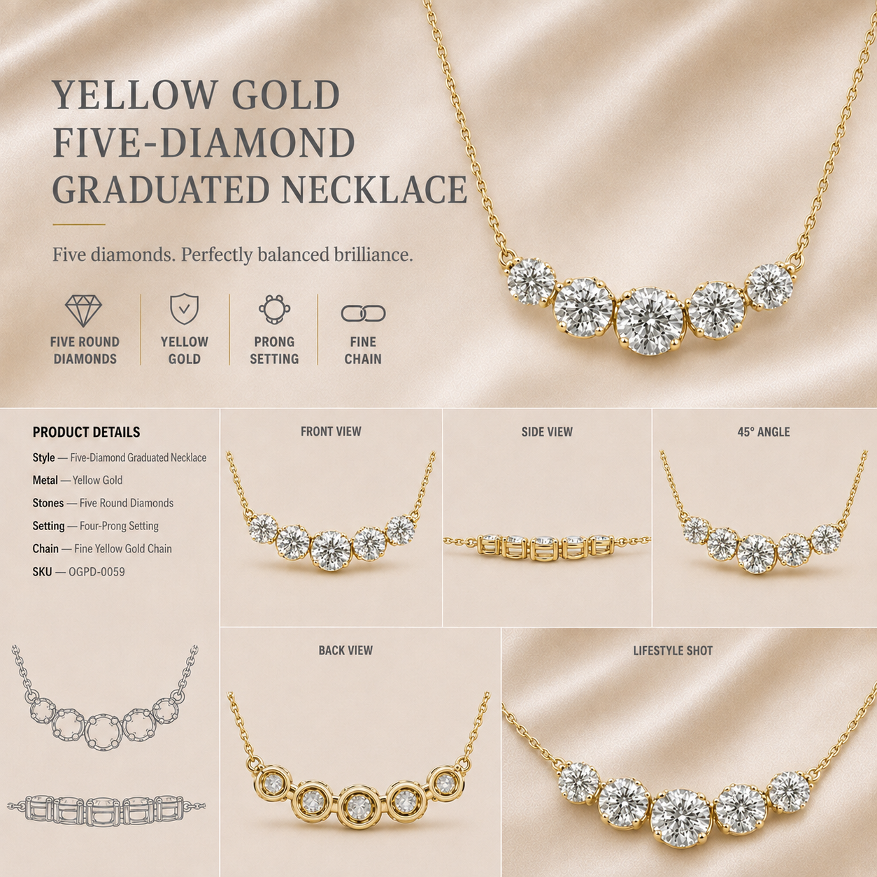 Ore 9K Rose Gold Five-Stone Graduated Diamond Necklace