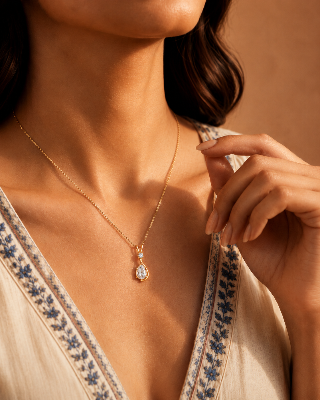 9K gold pear drop diamond pendant by Oré, view 2