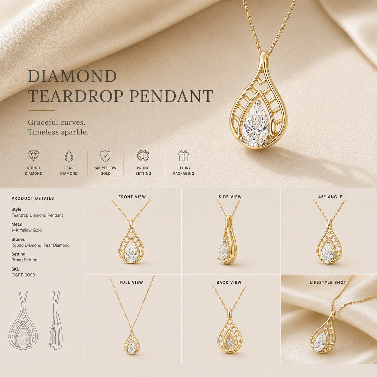 18K gold openwork pear diamond pendant by Oré, view 3