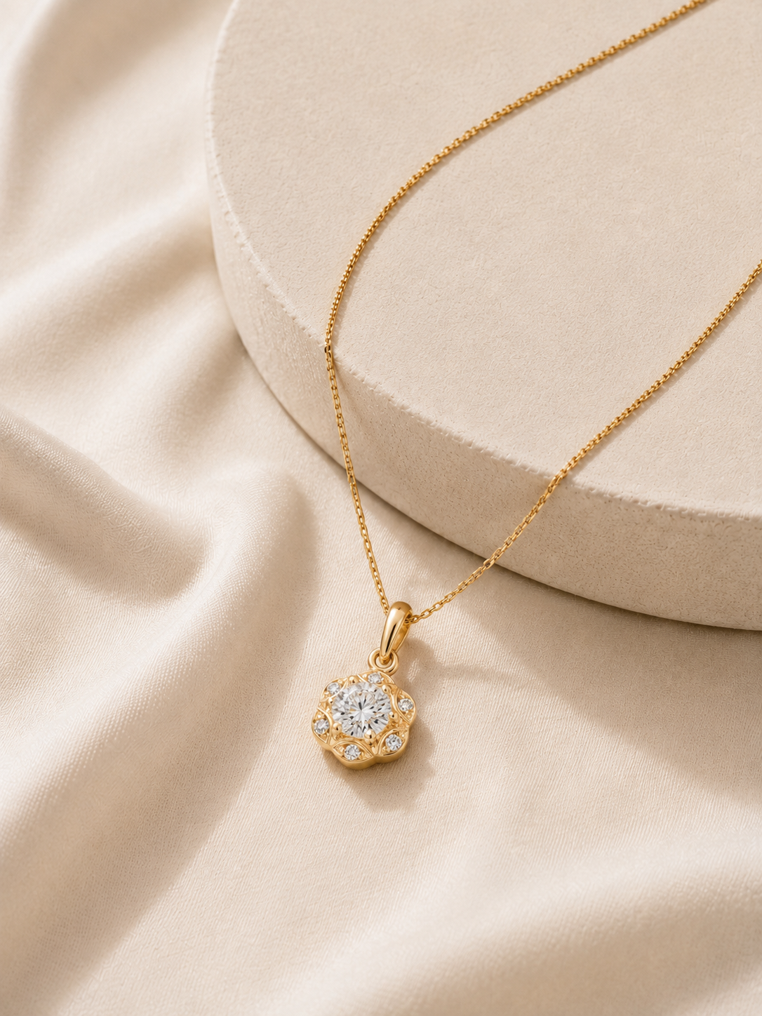 18K gold floral halo diamond pendant by Oré