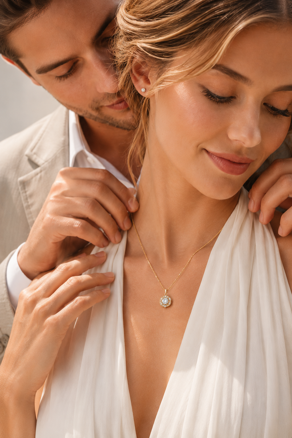 18K gold floral halo diamond pendant by Oré, view 3
