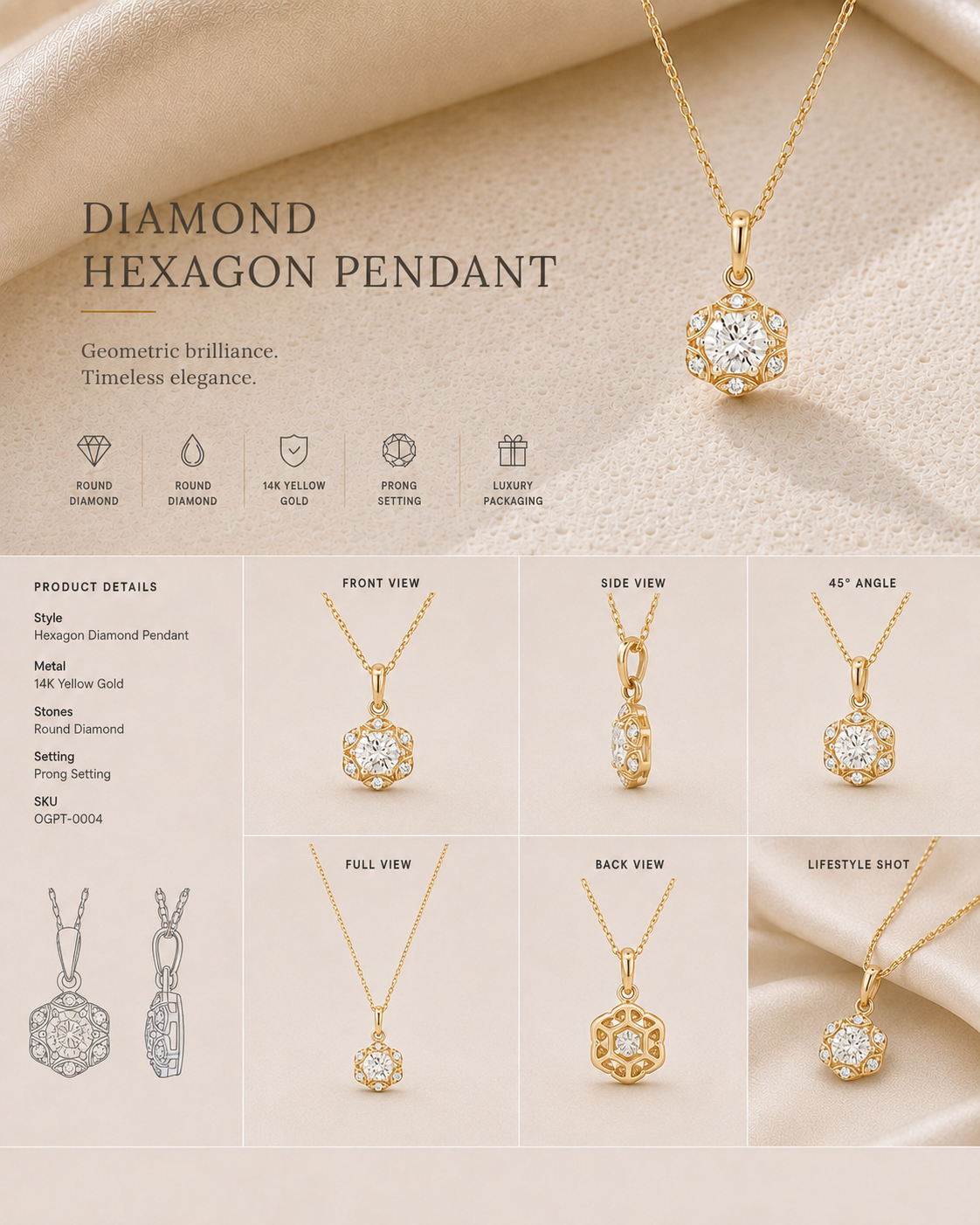 18K gold floral halo diamond pendant by Oré, view 2