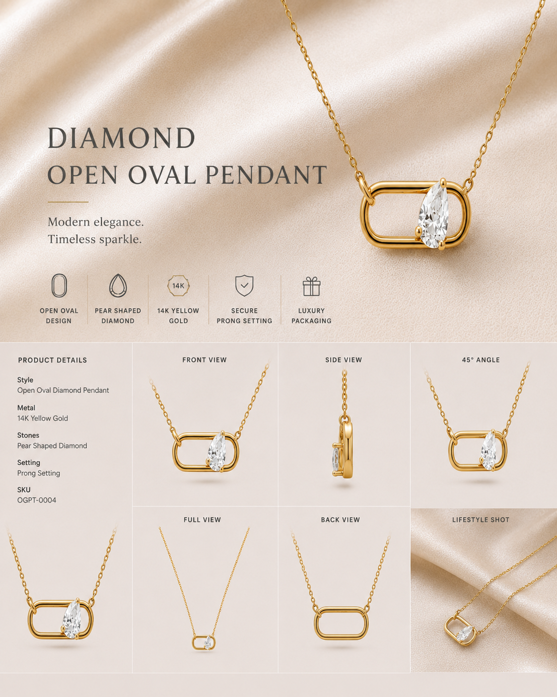 18K gold geometric link diamond pendant by Oré, view 3