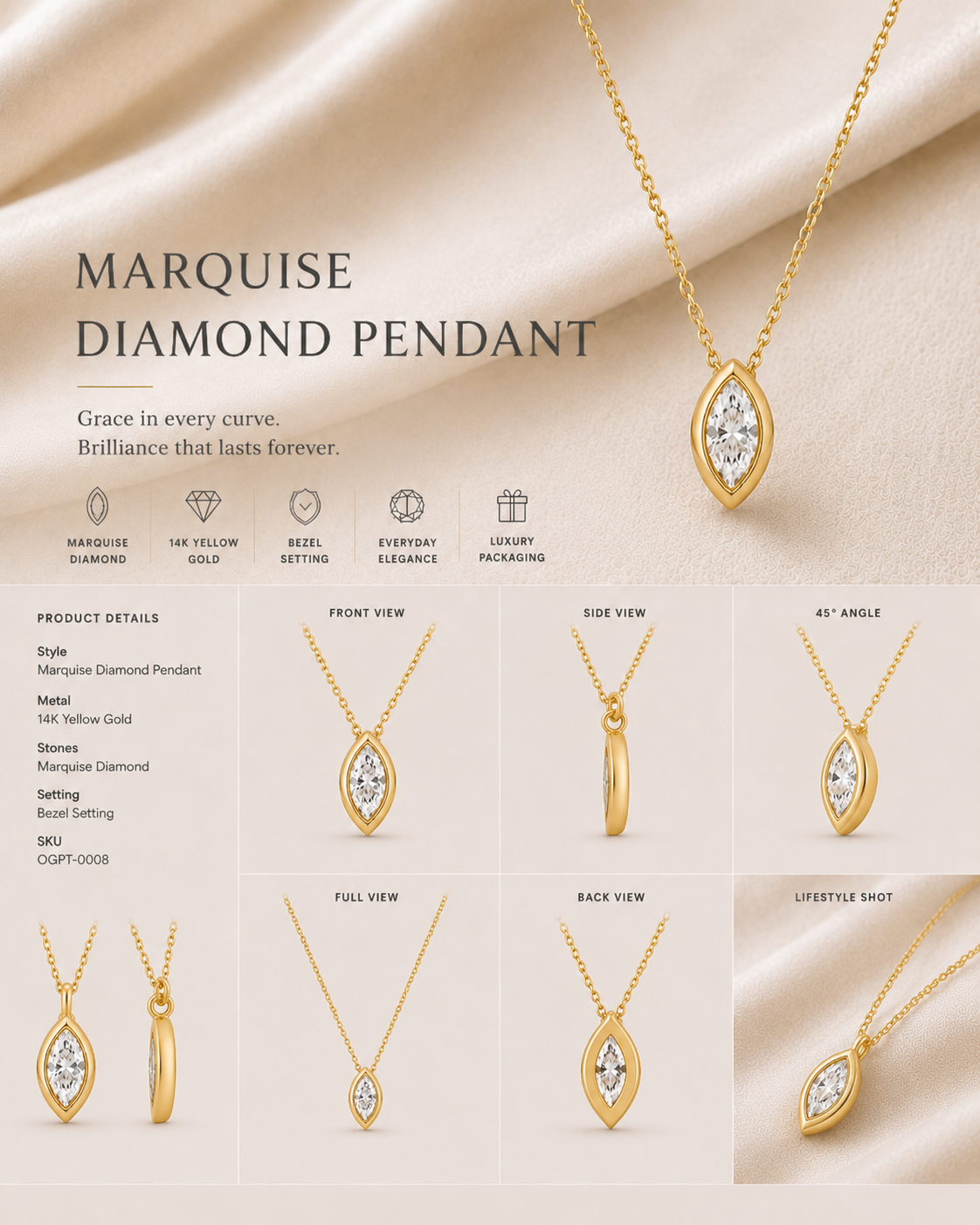 14K gold pear halo diamond pendant by Oré, view 2